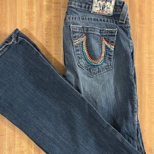 True Religion Women's Boot Cut Jeans - Blue with Multicolor Stitching.